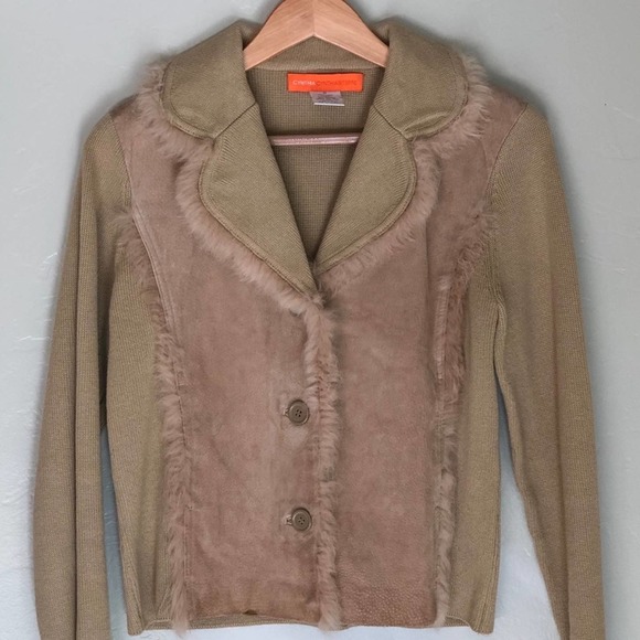 CYNTHIA CYNTHIA STEFFE Women's Tan Suede/Rabbit Fur/Knit Three Button Coat sz M - Picture 3 of 8